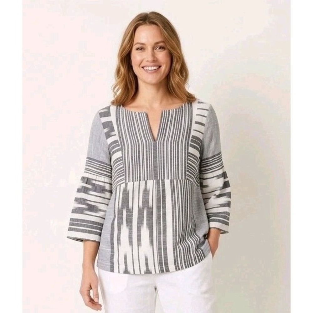 J Jill Pure Jill Ikat Blouse Top XS Gray White Cotton Stripe Peasant Tunic 3/4